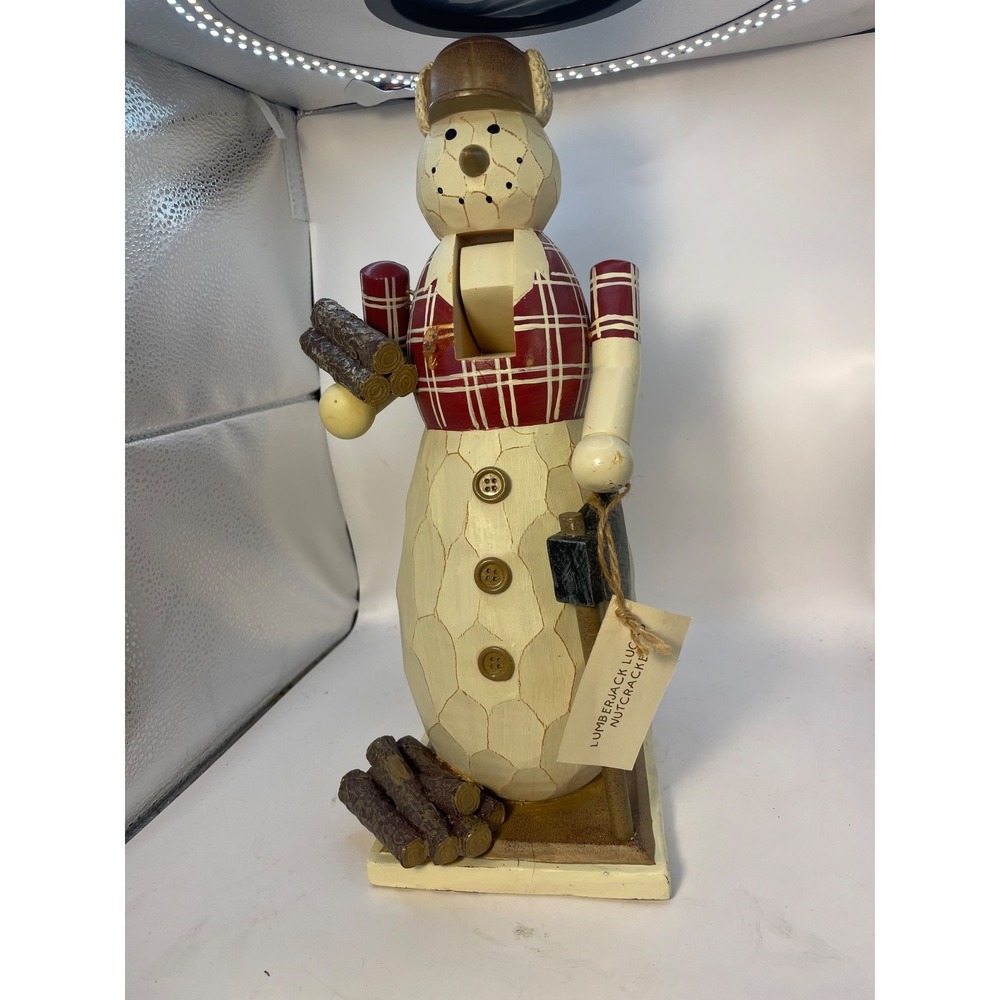 Snowman Lumberjack Nutcracker Figurine Red White Wooden Dog 14" Christmas Decor